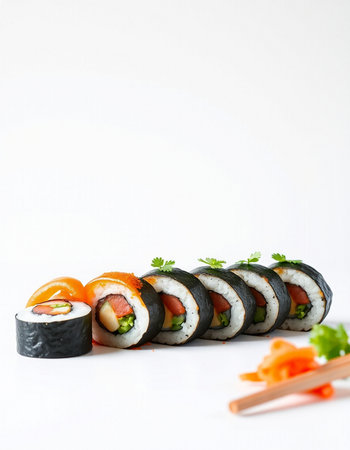 Sushi roll with salmon, avocado and cucumber on white backgroundの写真素材