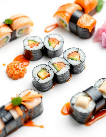 Japanese Cuisine - Sushi Roll with Salmon, Cucumber, Cream Cheese and Raw Salmon inside. Served on White Backgroundの写真素材