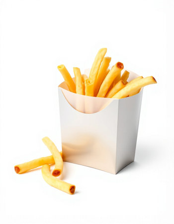 French fries in paper box isolated on white background. Fast food.