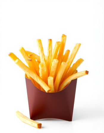 French fries in paper box isolated on white background. Selective focus.