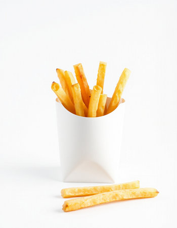 French fries in a white paper box on a white background, isolated