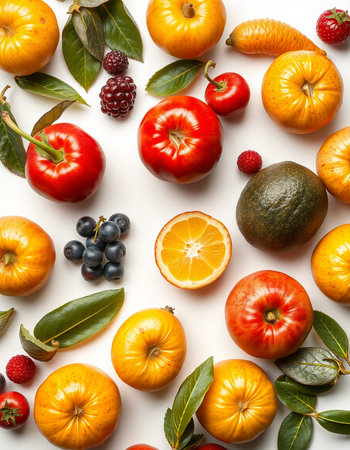 Composition with different fruits and vegetables on white background, top viewの写真素材
