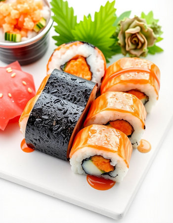 Japanese Cuisine - Sushi Roll with Salmon, Cream Cheese and Raw Salmon inside. Nori outsideの写真素材