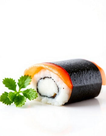 Sushi roll with salmon, nori and cream cheese isolated on white backgroundの写真素材