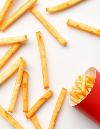 French fries in a red paper cup on a white background, top view