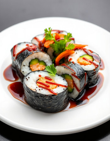 Sushi roll with salmon, cucumber, cream cheese and sauce