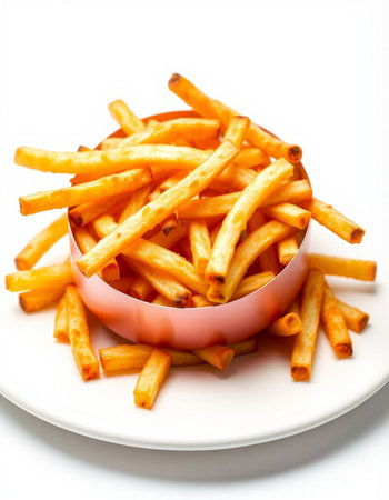 French fries in bowl on white background. Shallow dof.