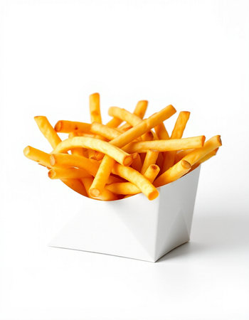 French fries in a white box on a white background. Isolated
