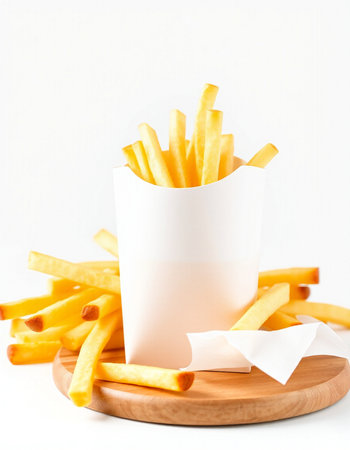 French fries in a paper box on a wooden board on a white background
