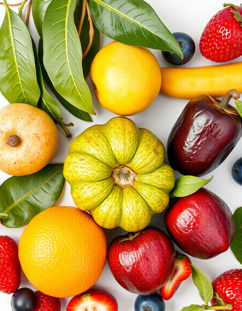 Fruits and vegetables isolated on white background. Flat lay, top view