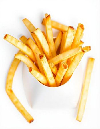 French fries isolated on white background. Selective focus. Toned.