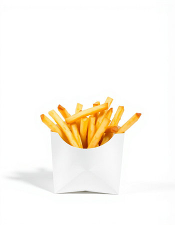 French fries in a white paper box on a white background with shadow