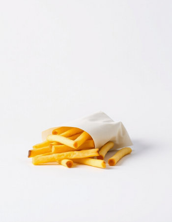 French fries in a paper bag on a white background. Selective focus.の写真素材