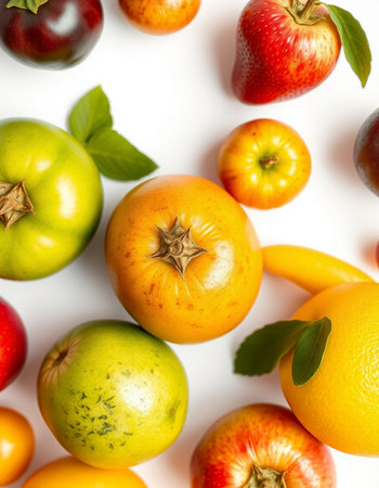 Fruits on a white background. Flat lay, top view.