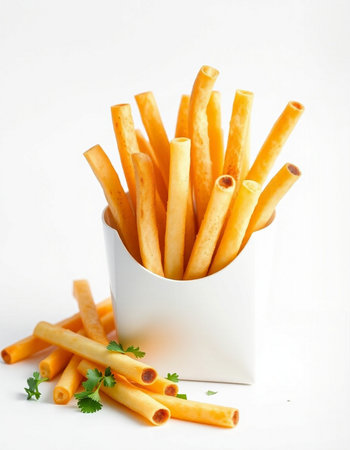 Crispy grissini sticks in white box on white background