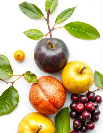 Fruits isolated on white background. Healthy food concept. Top view.