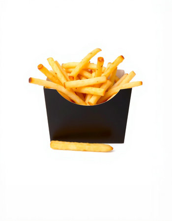 French fries in a black box isolated on white background. Fast food.の写真素材