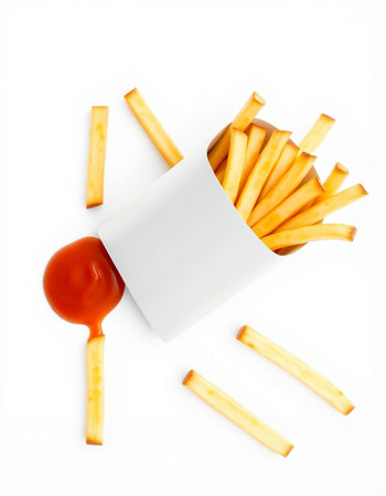 French fries with ketchup isolated on white background. Top view.の写真素材