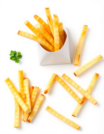 French fries in a white box isolated on white background. Top view.の写真素材