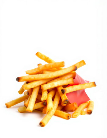 french fries isolated on a white background with a red label.の写真素材