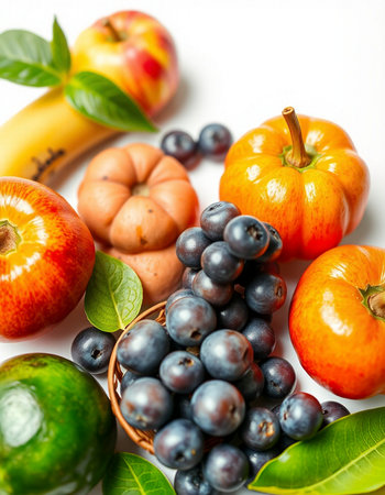 Fruits and vegetables on a white background. Healthy food concept.の写真素材