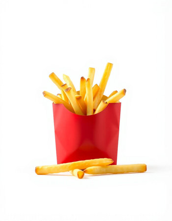 French fries in a red box on a white background. Isolated