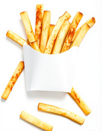 French fries in a white box on a white background, top view