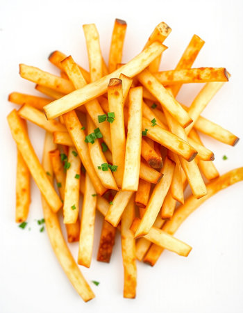 French fries with parsley on a white background. Selective focus.