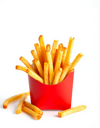 French fries in red box isolated on white background. Fast food.