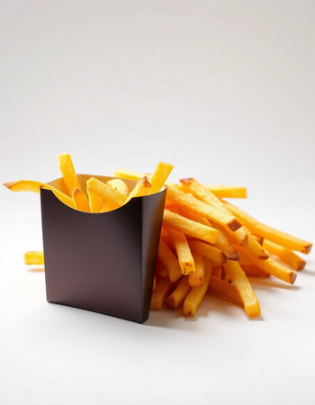 French fries in a paper box on a white background. Selective focus.の写真素材