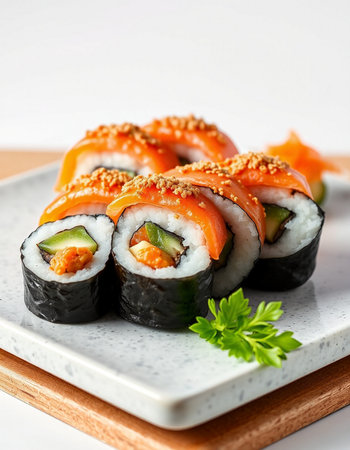 Japanese Sushi Roll - Salmon, Cucumber, Cream Cheese and Raw Salmon insideの写真素材