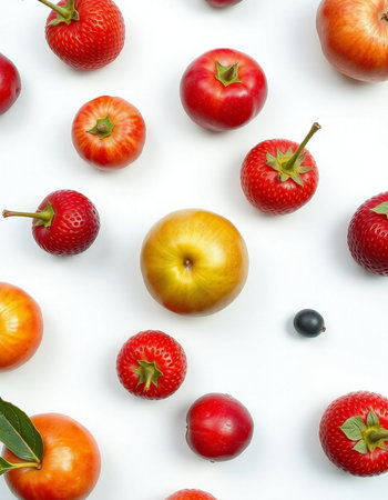 Fruit pattern of strawberries, apples and blueberries on white backgroundの写真素材