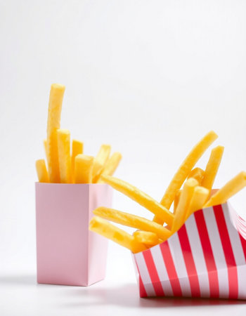 French fries in a pink box on a white background. Selective focus.の写真素材