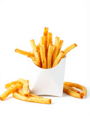 French fries in a paper box on a white background close-up