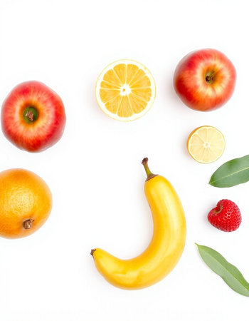 Fruit face made of fresh fruits on white background. Flat lay, top viewの写真素材