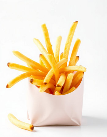 French fries in a paper bag on a white background. Fast food.