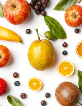 Fruits and vegetables on white background, top view. Healthy foodの写真素材