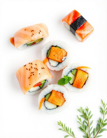 Sushi rolls with salmon, cucumber, cream cheese and eelの写真素材