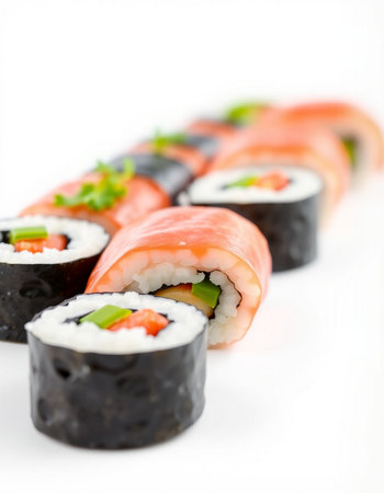 Sushi rolls on a white background. Shallow dof.の写真素材