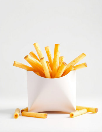 French fries in a paper box on a white background. Fast food.の写真素材