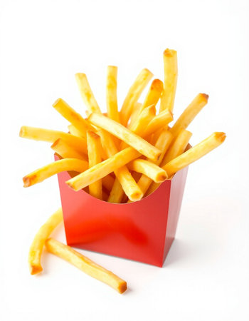 French fries in a red box on a white background close-up