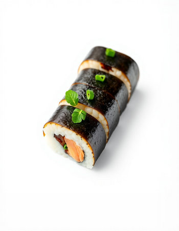 Sushi roll with salmon, nori and cheese on white backgroundの写真素材