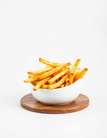 Golden French fries in a white bowl on a wooden board on a white background