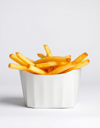 French fries in a bowl on a white background. Selective focus.の写真素材
