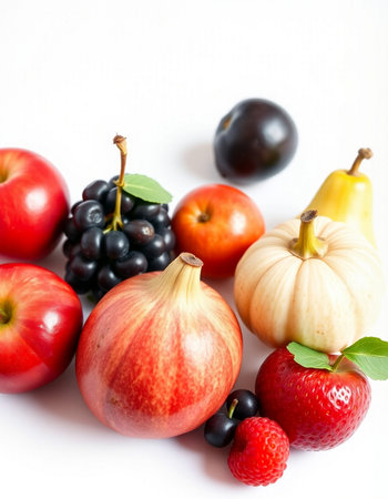 Autumn fruits and vegetables on a white background. Selective focus.の写真素材