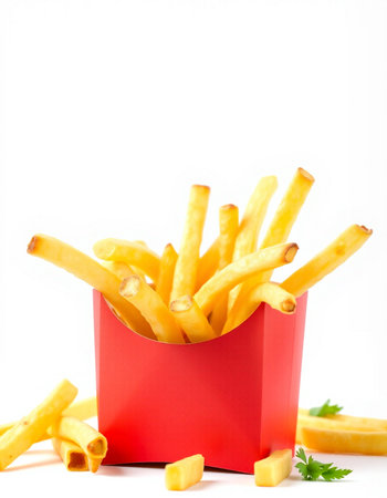 French fries in a red box on a white background with parsley