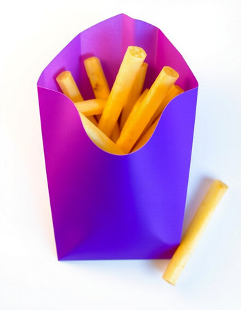 French fries in a purple paper bag on a white background. Selective focus.の写真素材