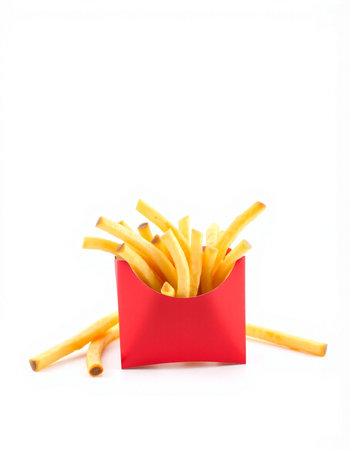 French fries in red box isolated on white background. Fast food.