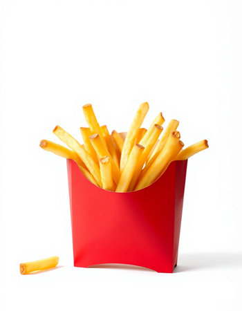 French fries in a red box on a white background. Isolated