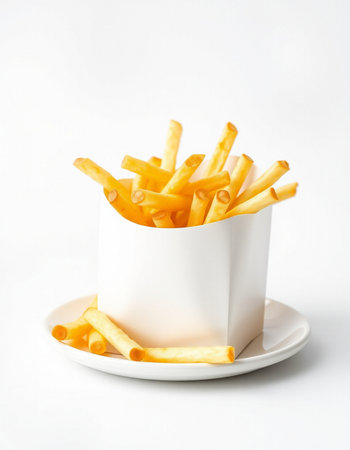 French fries in a paper box on a white background, close-up